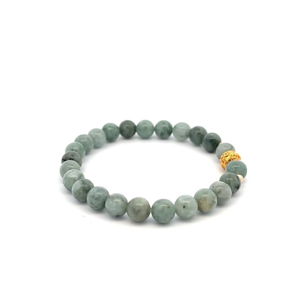 18K Gold Money Ball Lucky Charm Beads Bracelet Gemstone Natural Burmese Jade 6mm - Picture 3 of 5